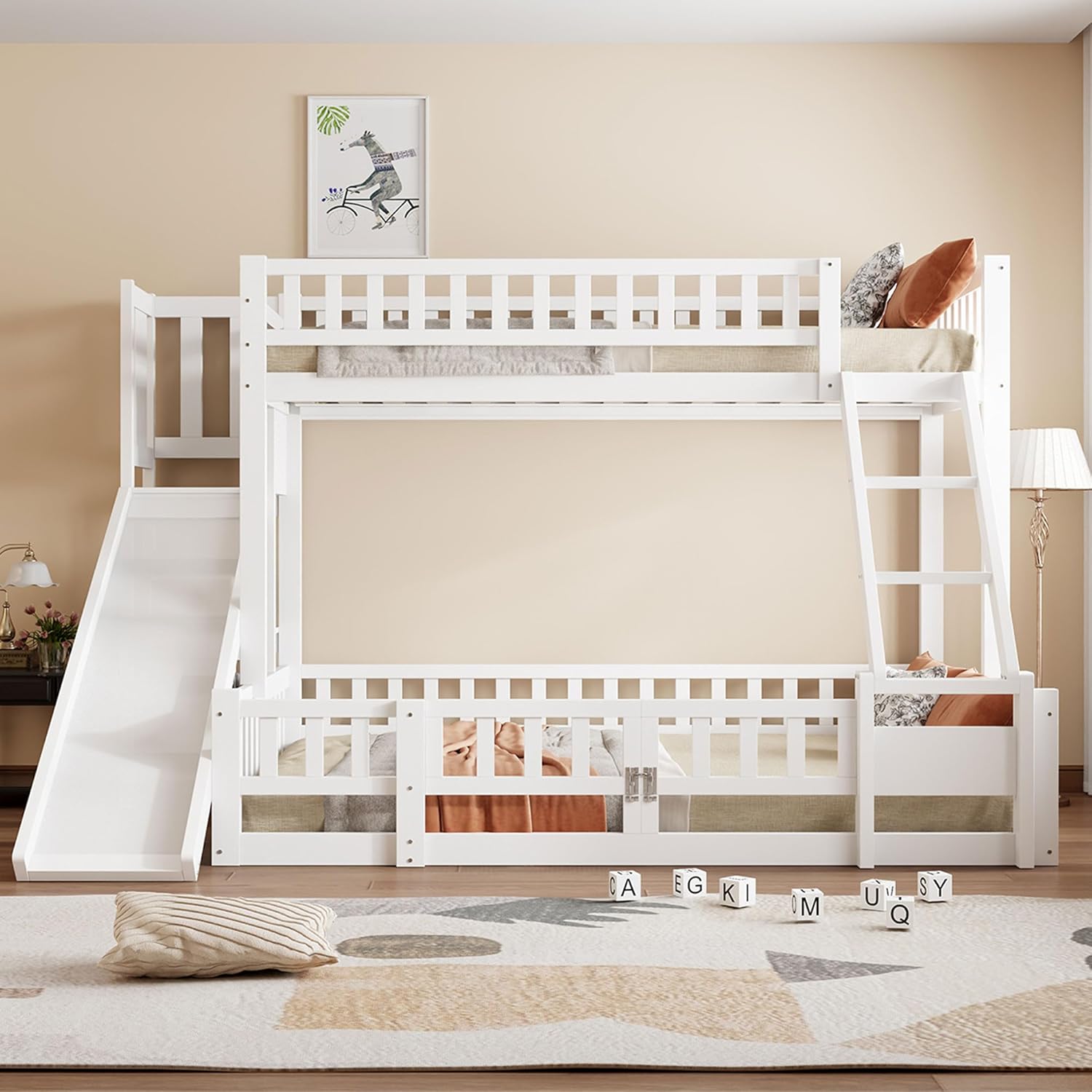 Merax Etagenbett Kinderbett 90x200 und 140x200, Hochbett mit Rutsche und Stufen, Mehrere Regale, Bettgestell mit Lattenrost und Ausziehbare kleine Tür(ohne Matratze), Weiß — Ansicht 3