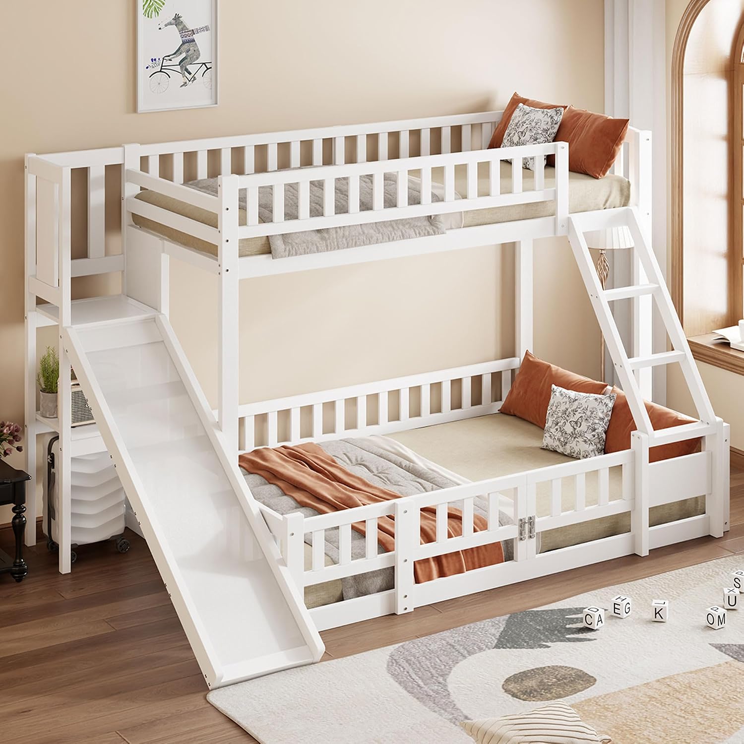 Merax Etagenbett Kinderbett 90x200 und 140x200, Hochbett mit Rutsche und Stufen, Mehrere Regale, Bettgestell mit Lattenrost und Ausziehbare kleine Tür(ohne Matratze), Weiß — Ansicht 4