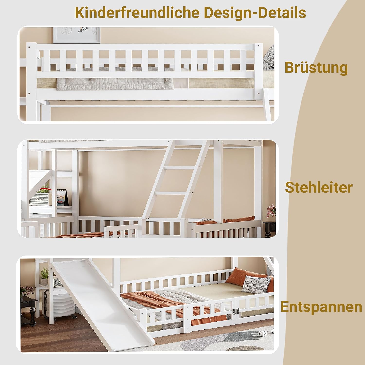 Merax Etagenbett Kinderbett 90x200 und 140x200, Hochbett mit Rutsche und Stufen, Mehrere Regale, Bettgestell mit Lattenrost und Ausziehbare kleine Tür(ohne Matratze), Weiß — Ansicht 5