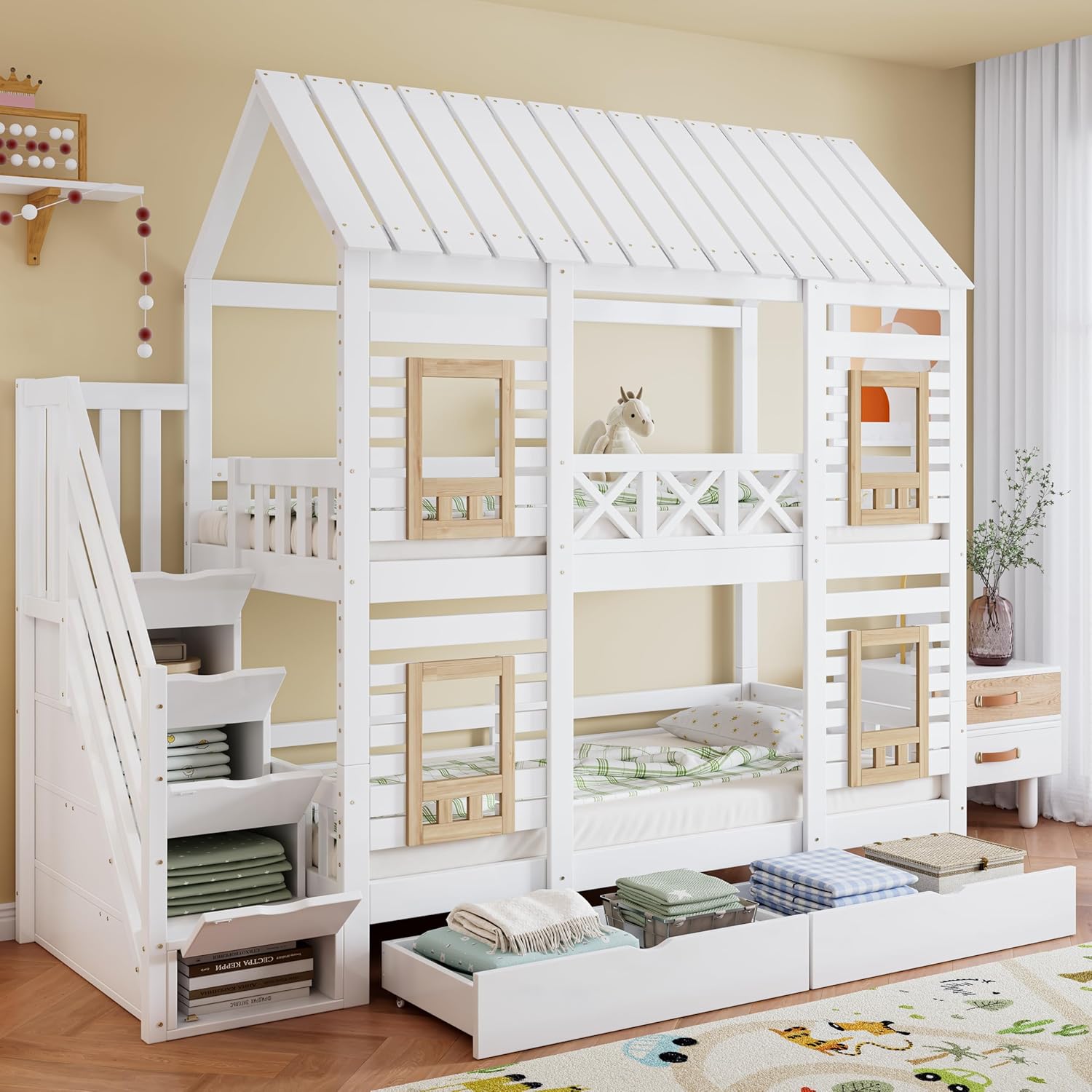 Merax Etagenbett Kinderbett Holzbett 90x200 cm mit Fenster, Stauraumtreppe mit 4 Ablagefächern, Zwei Schubladen mit Rollen, Weiß+Natur, Kiefer+MDF, EN747 Zertifiziert -Ohne Matratze
