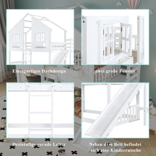 Merax Etagenbett Kinderbett mit Rutsche und Fenster, Weiß, 90x200 cm, Mit Fallschutzgitter, Hausbett für Kinder, EN747 Zertifiziert — Ansicht 3