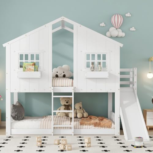 Merax Etagenbett Kinderbett mit Rutsche und Fenster, Weiß, 90x200 cm, Mit Fallschutzgitter, Hausbett für Kinder, EN747 Zertifiziert