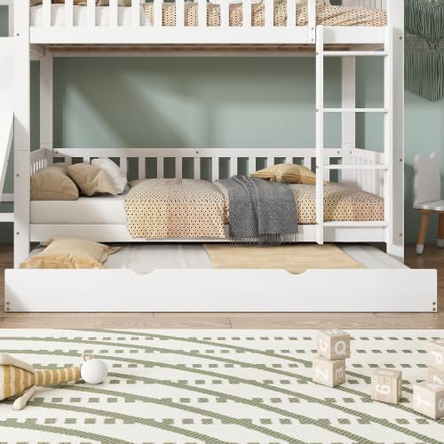 Merax Etagenbett mit Rollbett, Kinderbett mit Rutsche, Fallschutzgitter, Regalen und Stabiler Leiter – Weiß, 90x200/190cm, Platzsparend & Sicher — Ansicht 4