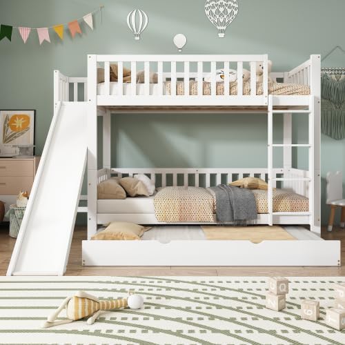 Merax Etagenbett mit Rollbett, Kinderbett mit Rutsche, Fallschutzgitter, Regalen und Stabiler Leiter – Weiß, 90x200/190cm, Platzsparend & Sicher