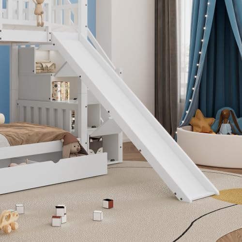 Merax Etagenbett mit Treppe und Rutsche, Hausbett für Kinder, Kiefernholz + MDF, 90x200 cm, Weiß, mit Fenster, Dach, Stauraum und Fallschutz — Ansicht 4