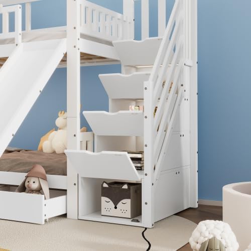 Merax Etagenbett mit Treppe und Rutsche, Hausbett für Kinder, Kiefernholz + MDF, 90x200 cm, Weiß, mit Fenster, Dach, Stauraum und Fallschutz — Ansicht 5