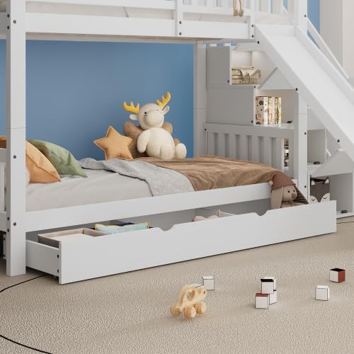 Merax Etagenbett mit Treppe und Rutsche, Hausbett für Kinder, Kiefernholz + MDF, 90x200 cm, Weiß, mit Fenster, Dach, Stauraum und Fallschutz — Ansicht 6