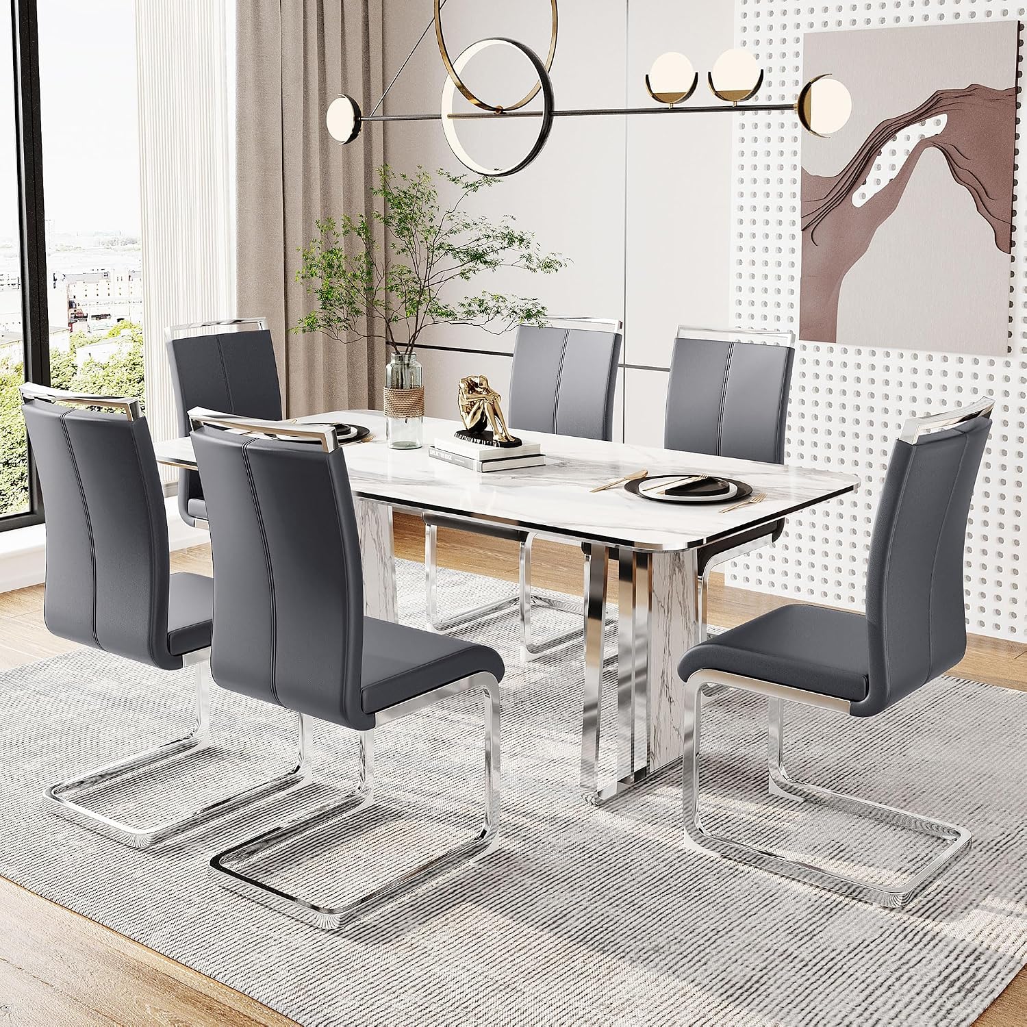 Merax Freischwinger Schwingstuhl 4er Set, Esszimmerstühle mit PU Kunstleder und hoher Rückenlehne, verchromtes Metallgestell, Moderner Küchenstuhl, Polsterstuhl für Wohnzimmer Konferenzraum, Grau — Ansicht 3