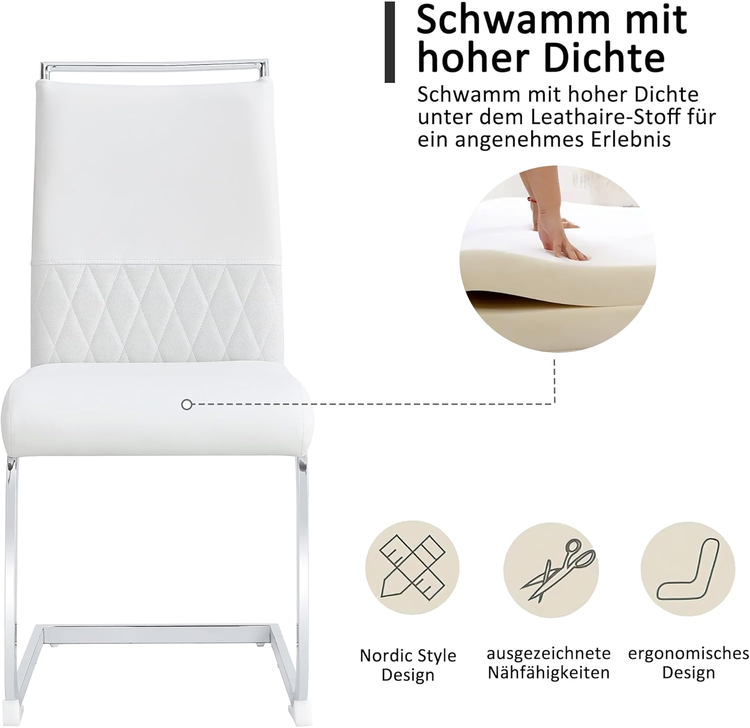 Merax Freischwinger Schwingstuhl 6er Set, Esszimmerstühle mit hoher Rückenlehne aus PU Kunstleder und Leinen, Metallgestell, Moderner Küchenstuhl, Polsterstuhl für Wohnzimmer Konferenzraum, Weiß — Ansicht 4
