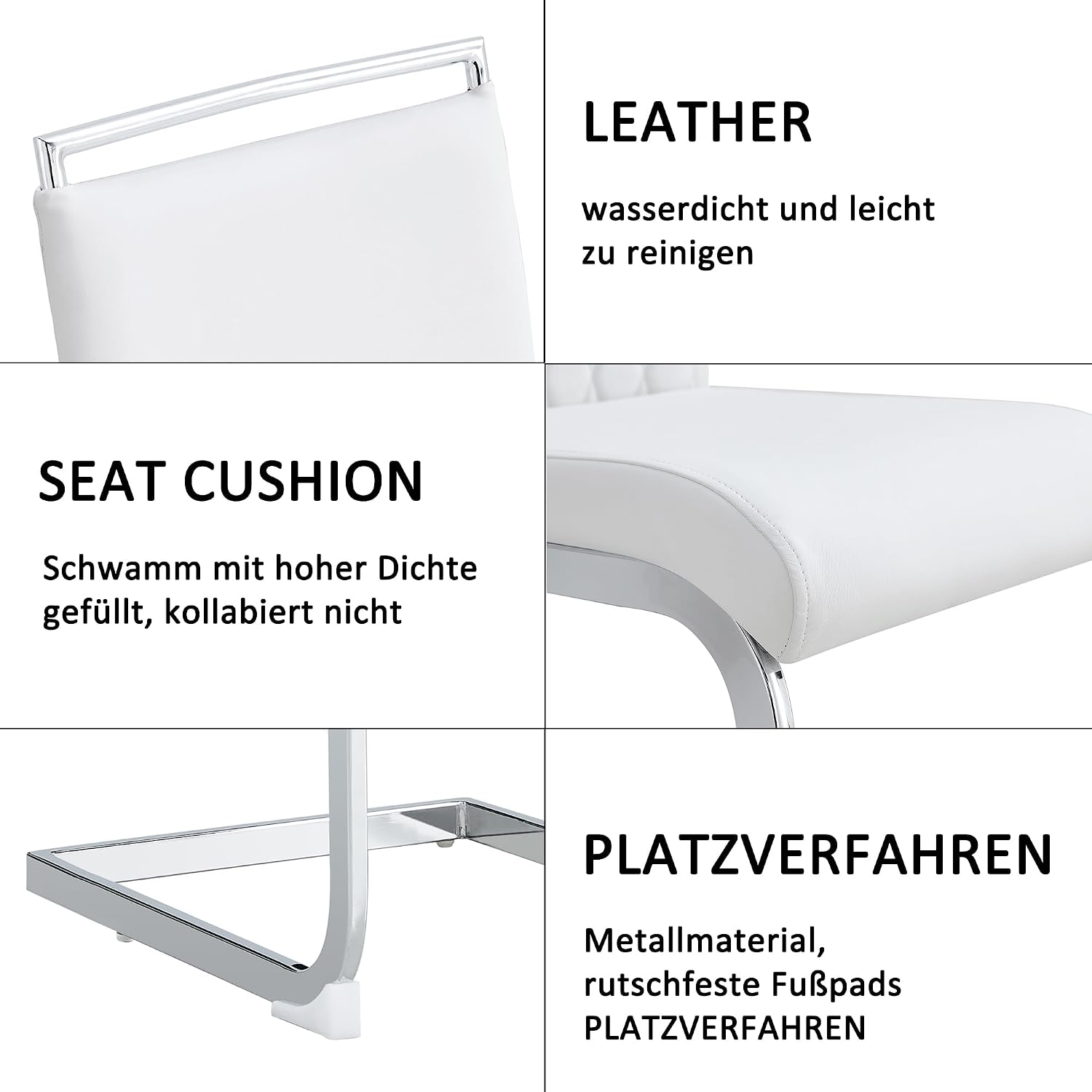Merax Freischwinger Schwingstuhl 6er Set, Esszimmerstühle mit hoher Rückenlehne aus PU Kunstleder und Leinen, Metallgestell, Moderner Küchenstuhl, Polsterstuhl für Wohnzimmer Konferenzraum, Weiß — Ansicht 6