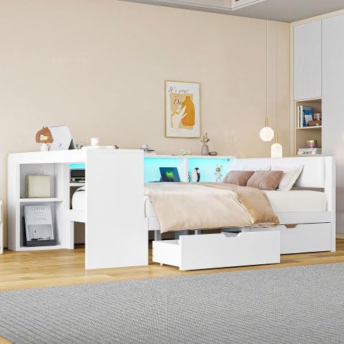 Merax Funktionsbett 140x200 cm Kinderbett mit Polsterkopfteil, Schubladen, Ablageflächen, USB-Ladestation und LED-Beleuchtung – Plattformbett für Kinderzimmer, Jugendbett, Tagesbett, Weiß — Ansicht 3