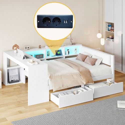 Merax Funktionsbett 140x200 cm Kinderbett mit Polsterkopfteil, Schubladen, Ablageflächen, USB-Ladestation und LED-Beleuchtung – Plattformbett für Kinderzimmer, Jugendbett, Tagesbett, Weiß — Ansicht 5