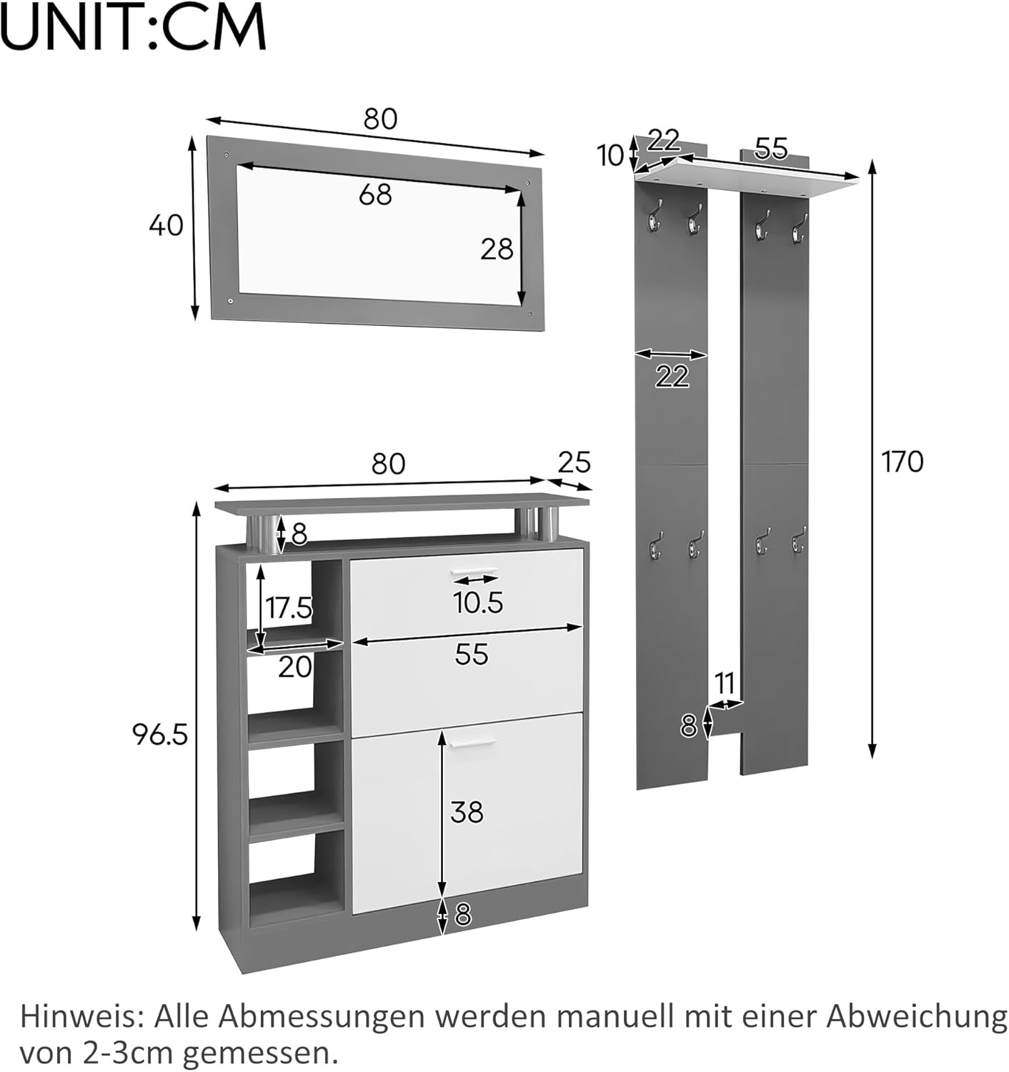 Merax Garderoben-Set 3-teilig, Flur Garderoben Komplettprogramme mit 1 Schuhschrank, 1 Wandspiegel und 2 Garderobenpaneele, Wandgarderobe mit Ablage, Stylishe Garderobenset, Flurmöbel, Grau & Weiß — Ansicht 6