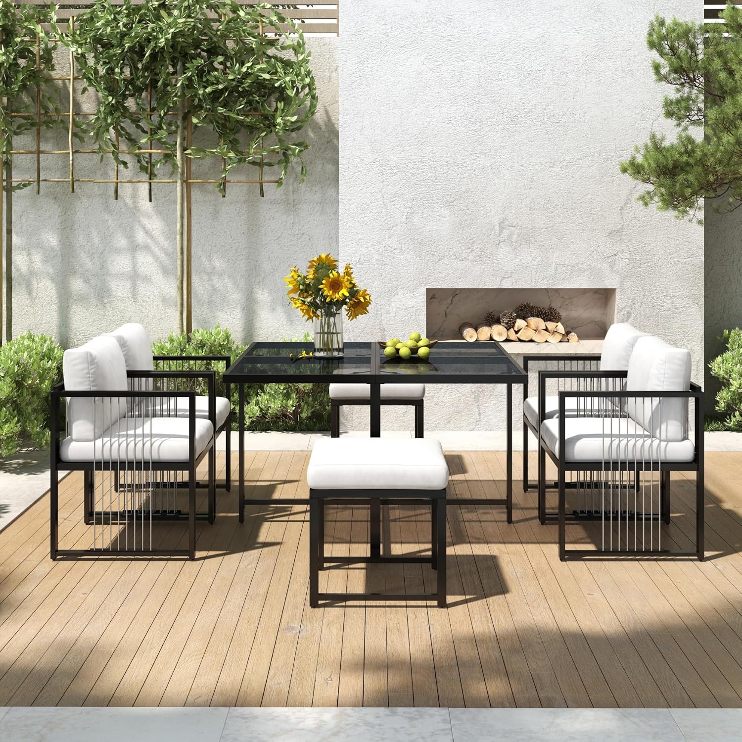 Merax Garten Essgruppe, 7-teiliges Esstisch Set für 6 Personen, Gartenmöbel mit Seilgeflecht-Stühlen, Gehärtete Glasplatte, Abnehmbare & Waschbare Kissen, Für Terrasse, Balkon & Garten, Schwarz & Weiß — Ansicht 3