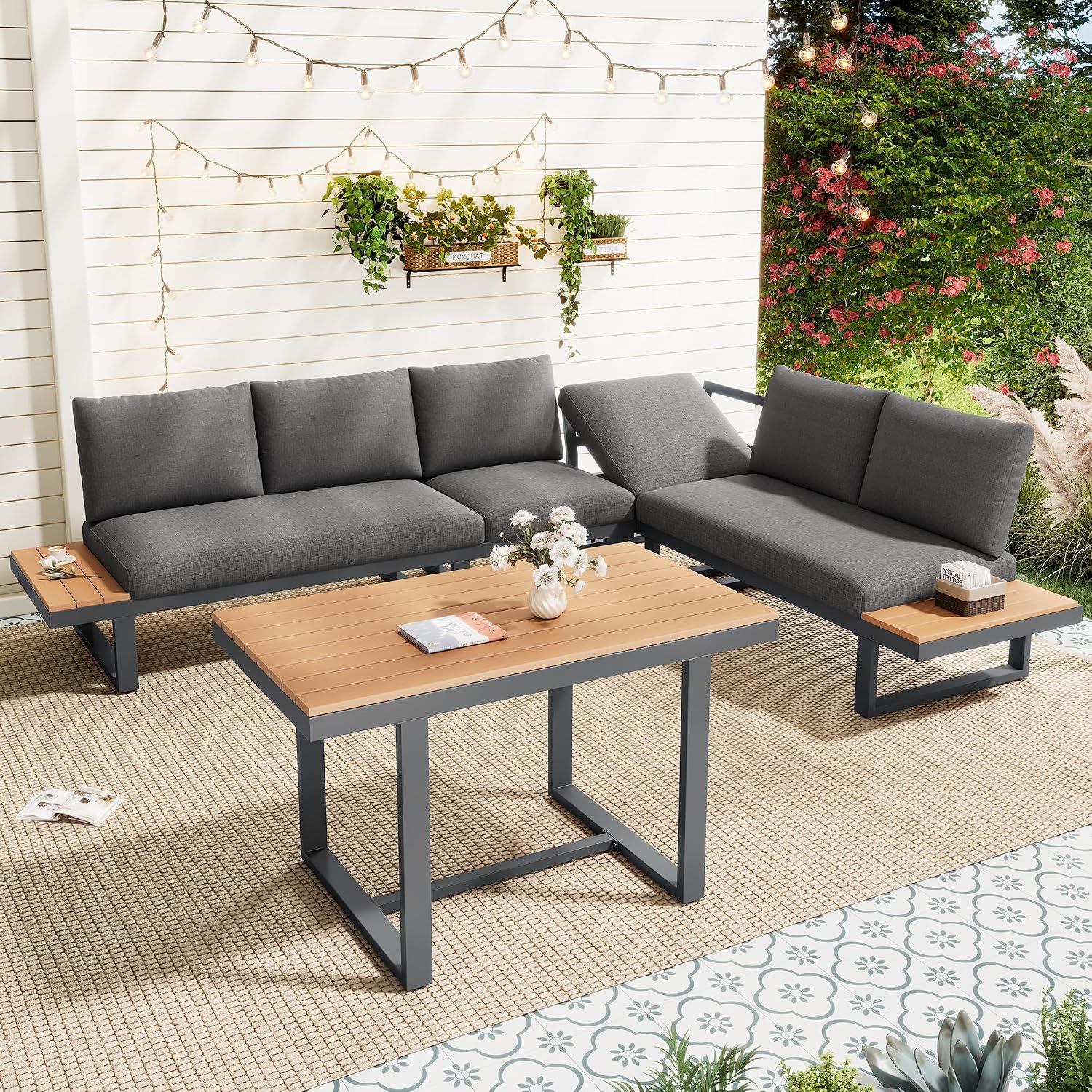 Merax Garten Essgruppe Lounge mit Eckstellung, Gartenmöbel Set mit Esstisch 105x70 cm, Rückenlehne 5-stufig bis 55°, Loungemöbel Outdoor aus verzinktem Stahl & WPC Tischplatte, Grau Schwarz