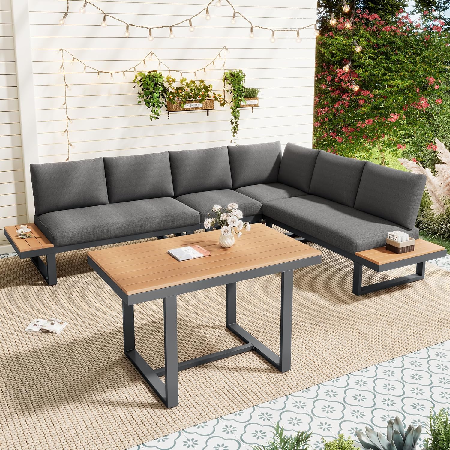 Merax Garten Essgruppe Lounge mit Eckstellung, Gartenmöbel Set mit Esstisch 105x70 cm, Rückenlehne 5-stufig bis 55°, Loungemöbel Outdoor aus verzinktem Stahl & WPC Tischplatte, Grau Schwarz — Ansicht 3