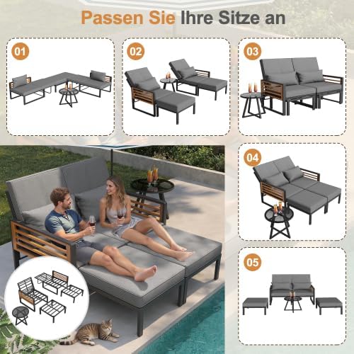 Merax Garten-Lounge-Set für 2-4 Personen, Doppel-Liege & Outdoor Daybed mit Verstellbarer Rückenlehne, Inkl. Rücken- und Sitzkissen, Modular und Flexibel — Ansicht 4