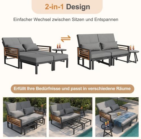 Merax Garten-Lounge-Set für 2-4 Personen, Doppel-Liege & Outdoor Daybed mit Verstellbarer Rückenlehne, Inkl. Rücken- und Sitzkissen, Modular und Flexibel — Ansicht 5