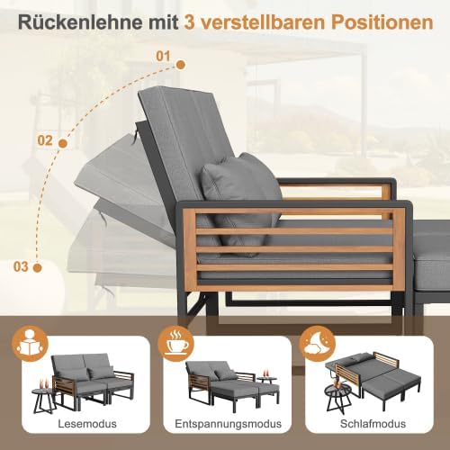 Merax Garten-Lounge-Set für 2-4 Personen, Doppel-Liege & Outdoor Daybed mit Verstellbarer Rückenlehne, Inkl. Rücken- und Sitzkissen, Modular und Flexibel — Ansicht 6