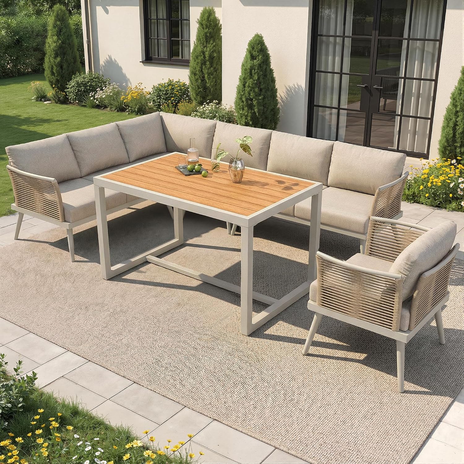 Merax Garten Lounge Set für 7 Personen, L-Förmige Gartenmöbel mit Geflochtenen Armlehnen, Wetterfeste Outdoor Sitzgruppe aus Metall mit WPC Tisch & Dicken Kissen für Terrasse Balkon, Beige — Ansicht 3