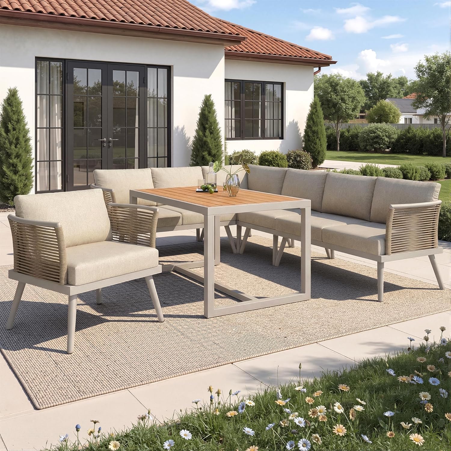 Merax Garten Lounge Set für 7 Personen, L-Förmige Gartenmöbel mit Geflochtenen Armlehnen, Wetterfeste Outdoor Sitzgruppe aus Metall mit WPC Tisch & Dicken Kissen für Terrasse Balkon, Beige — Ansicht 4