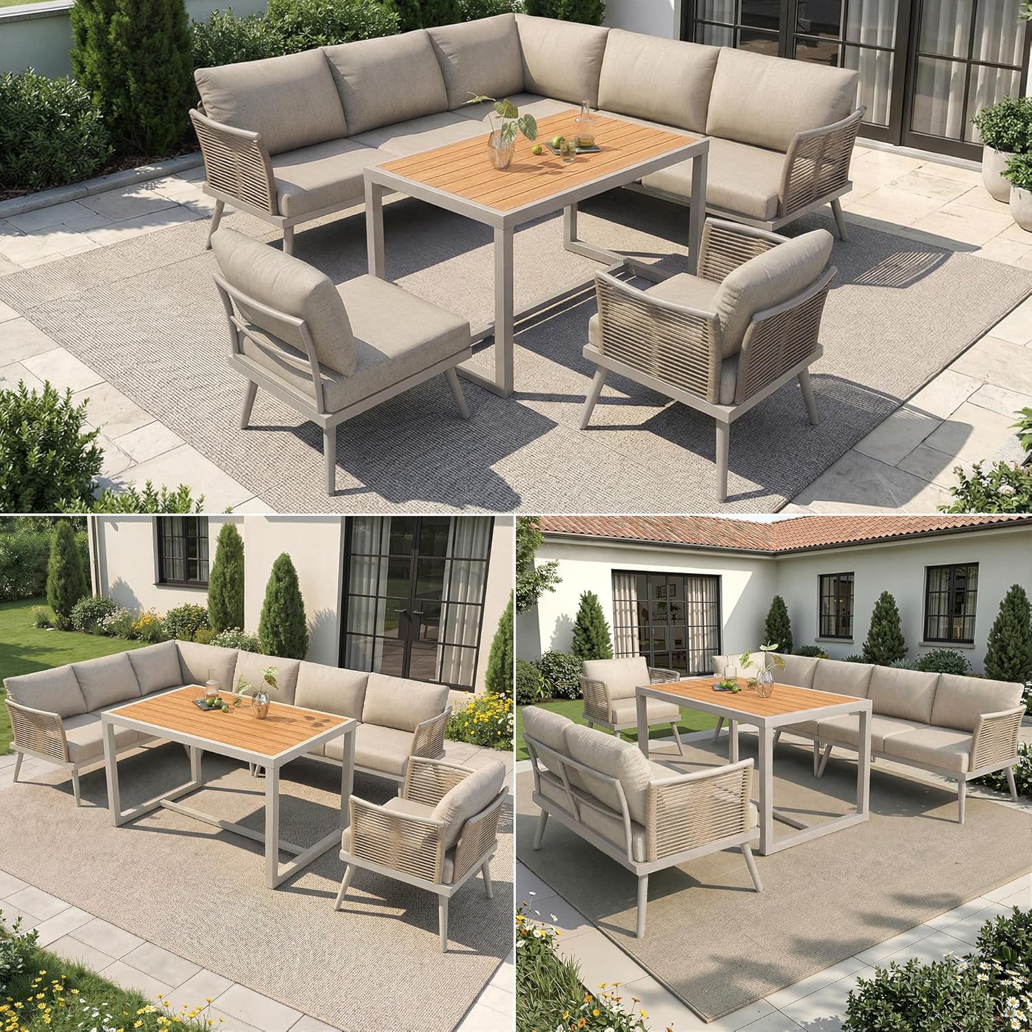 Merax Garten Lounge Set für 7 Personen, L-Förmige Gartenmöbel mit Geflochtenen Armlehnen, Wetterfeste Outdoor Sitzgruppe aus Metall mit WPC Tisch & Dicken Kissen für Terrasse Balkon, Beige — Ansicht 5