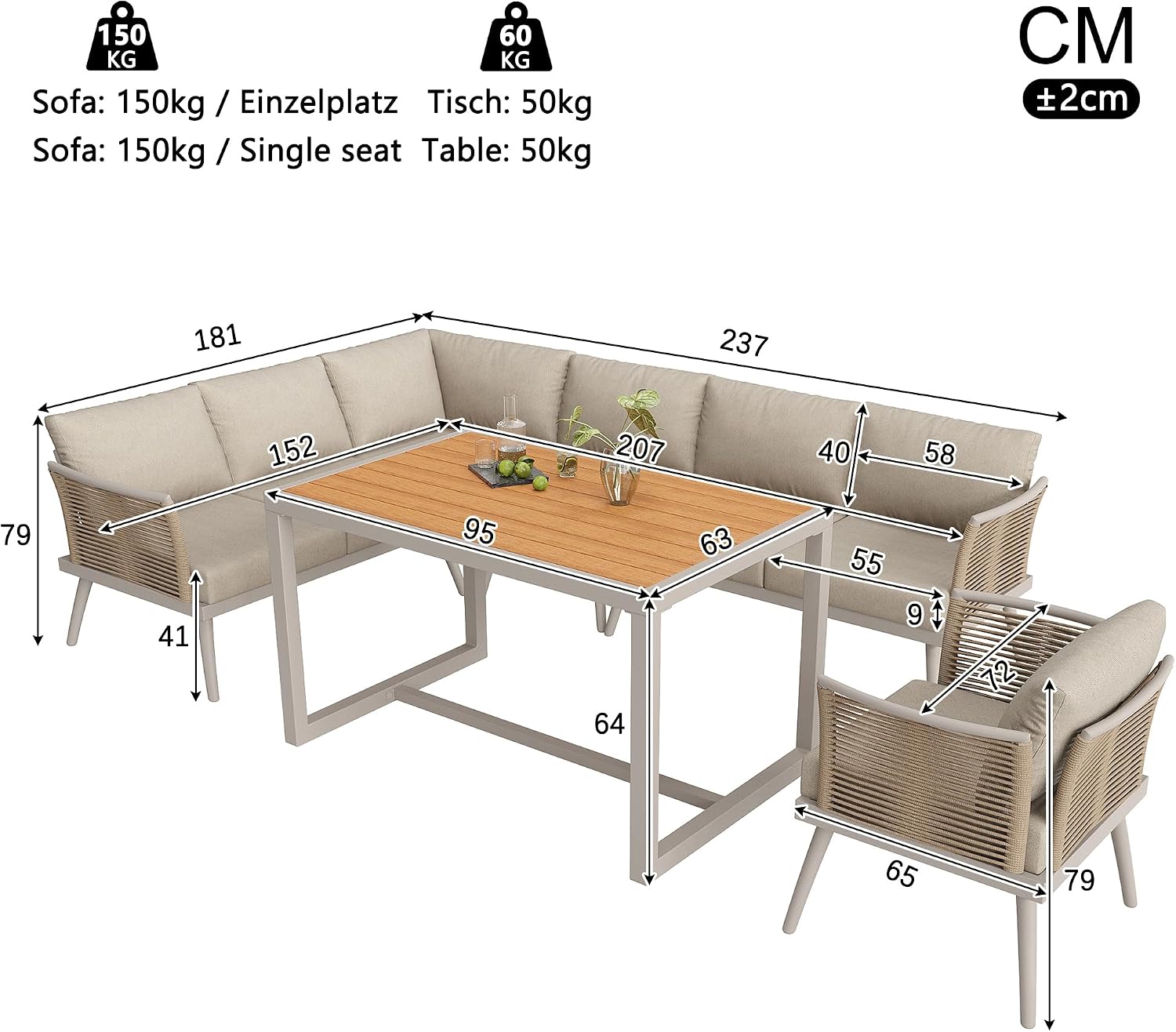 Merax Garten Lounge Set für 7 Personen, L-Förmige Gartenmöbel mit Geflochtenen Armlehnen, Wetterfeste Outdoor Sitzgruppe aus Metall mit WPC Tisch & Dicken Kissen für Terrasse Balkon, Beige — Ansicht 6