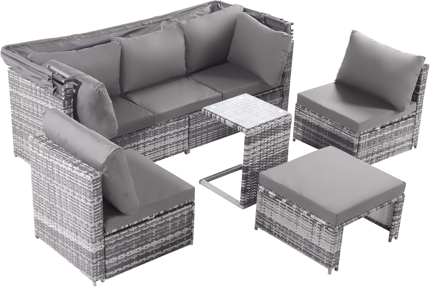 Merax Gartenlounge-Set, Polyrattan mit aufklappbarem Sonnendach inkl. Kissen für 5 Personen, Gartenmöbel Set mit 3-Sitzer Sofa umbaubar, 2X Einzelsessel, 1x Ottoman, 1x Tisch (5 Personen-Sitzer) — Ansicht 2