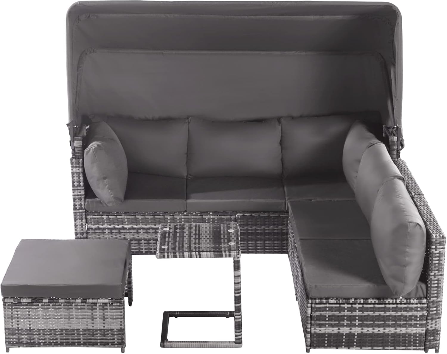 Merax Gartenlounge-Set, Polyrattan mit aufklappbarem Sonnendach inkl. Kissen für 5 Personen, Gartenmöbel Set mit 3-Sitzer Sofa umbaubar, 2X Einzelsessel, 1x Ottoman, 1x Tisch (5 Personen-Sitzer) — Ansicht 4