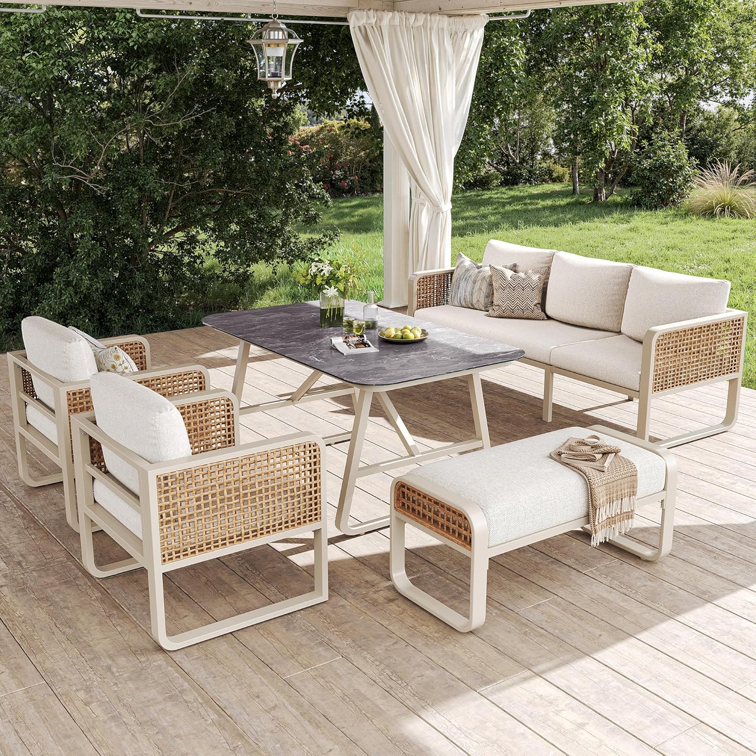 Merax Gartenmöbel Set 6-7 Personen, Gartenlounge Lounge Set aus Metallrahmen & PE-Rattan, Balkonmöbel Outdoor Sitzgruppe mit Tisch & Kissen, Kombinierbar Gartensofa-Set, Wetterfest für Terrasse, Beige — Ansicht 2