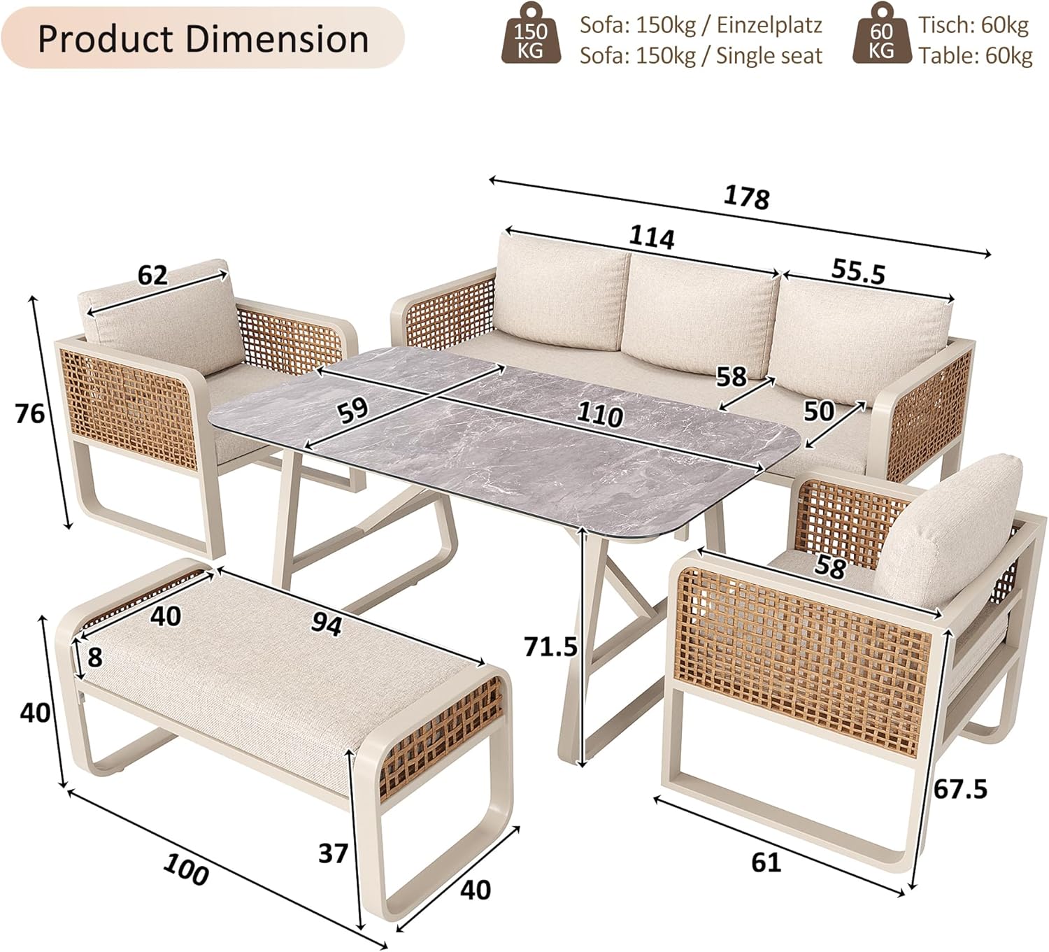 Merax Gartenmöbel Set 6-7 Personen, Gartenlounge Lounge Set aus Metallrahmen & PE-Rattan, Balkonmöbel Outdoor Sitzgruppe mit Tisch & Kissen, Kombinierbar Gartensofa-Set, Wetterfest für Terrasse, Beige — Ansicht 4