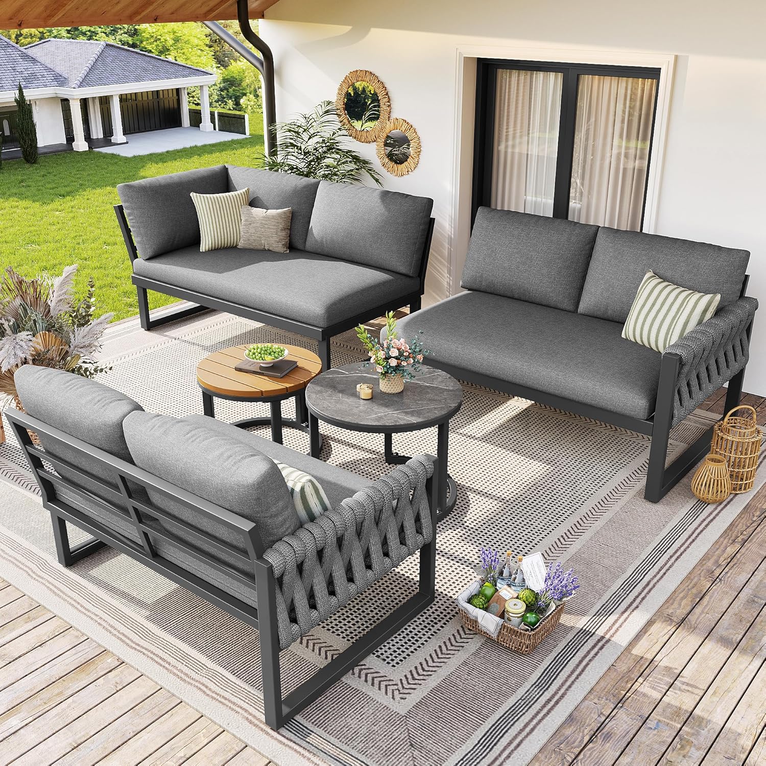 Merax Gartenmöbel Set 6 Personen, Gartenlounge Set mit Kissen & Sofatisch, Balkonmöbel Outdoor Sitzgruppe mit Metallrahmen & handgeflochten Seil, flexibel kombinierbar, Wetterfest für Terrasse, Grau — Ansicht 2