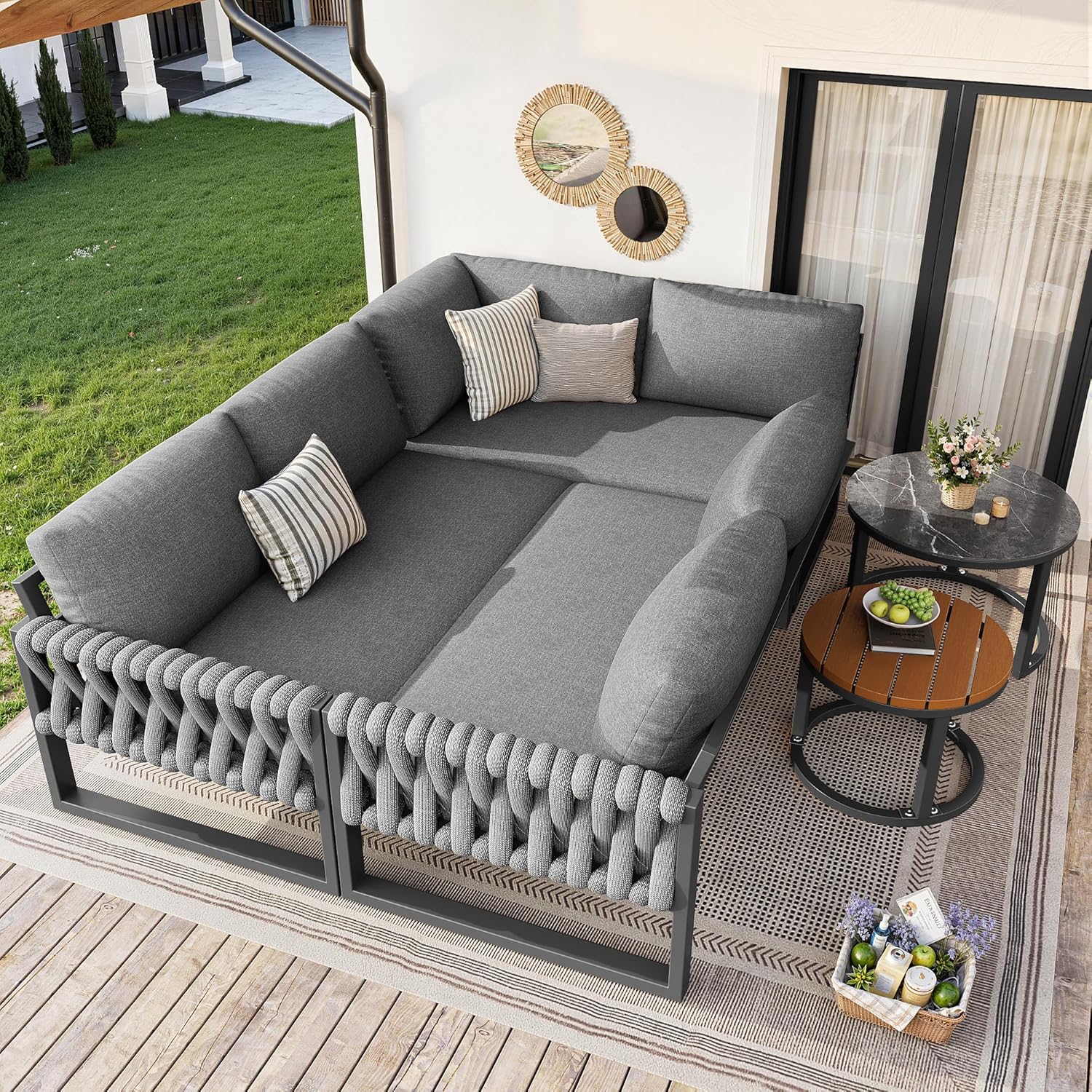 Merax Gartenmöbel Set 6 Personen, Gartenlounge Set mit Kissen & Sofatisch, Balkonmöbel Outdoor Sitzgruppe mit Metallrahmen & handgeflochten Seil, flexibel kombinierbar, Wetterfest für Terrasse, Grau — Ansicht 3