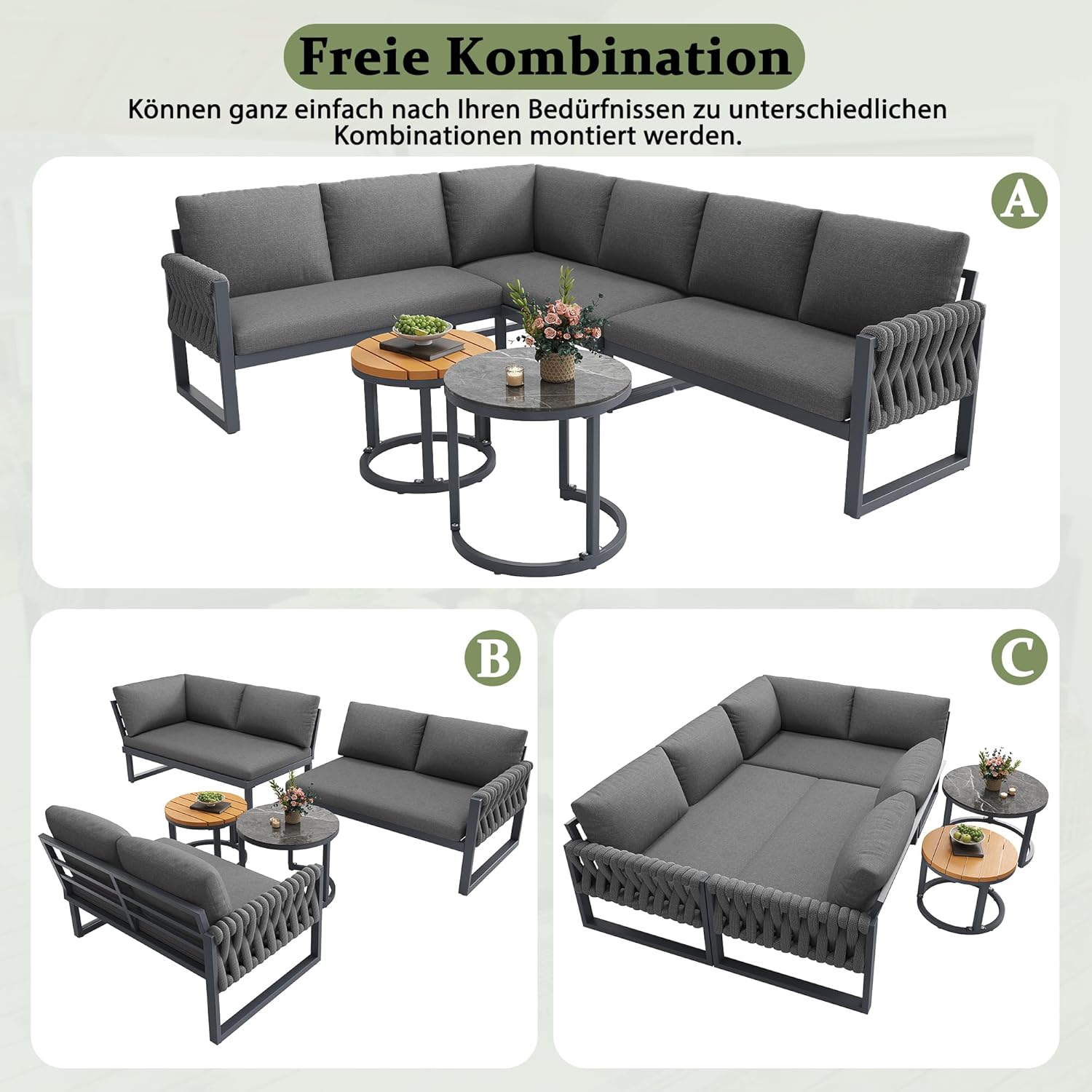 Merax Gartenmöbel Set 6 Personen, Gartenlounge Set mit Kissen & Sofatisch, Balkonmöbel Outdoor Sitzgruppe mit Metallrahmen & handgeflochten Seil, flexibel kombinierbar, Wetterfest für Terrasse, Grau — Ansicht 5