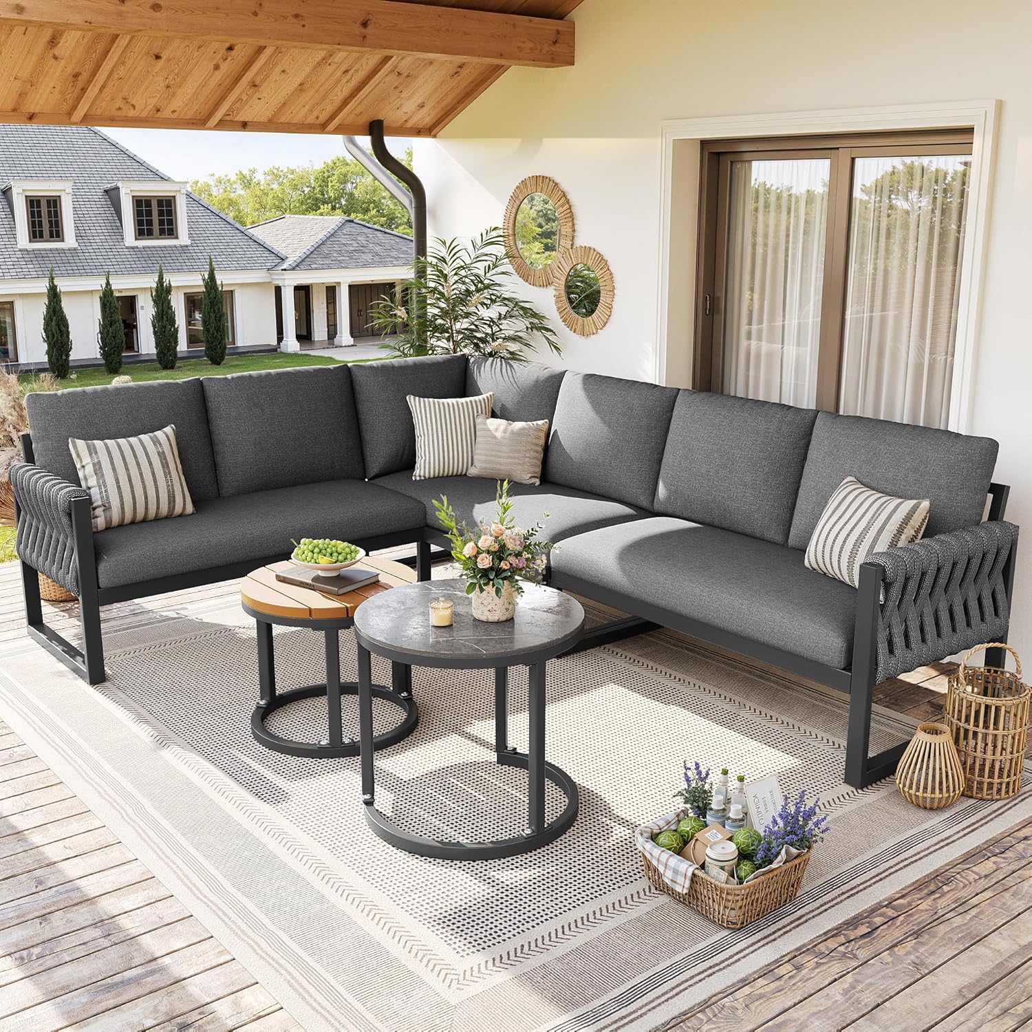 Merax Gartenmöbel Set 6 Personen, Gartenlounge Set mit Kissen & Sofatisch, Balkonmöbel Outdoor Sitzgruppe mit Metallrahmen & handgeflochten Seil, flexibel kombinierbar, Wetterfest für Terrasse, Grau