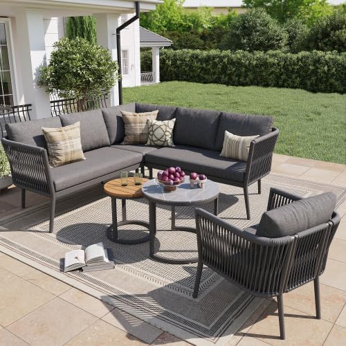 Merax Gartenmöbel Set 6-teilig für 5-6 Personen – Flexibles Gartenlounge Set mit Verstellbaren Füßen, Wasserabweisenden Kissen und Modularer Sitzgruppe für Balkon Terrasse, Grau