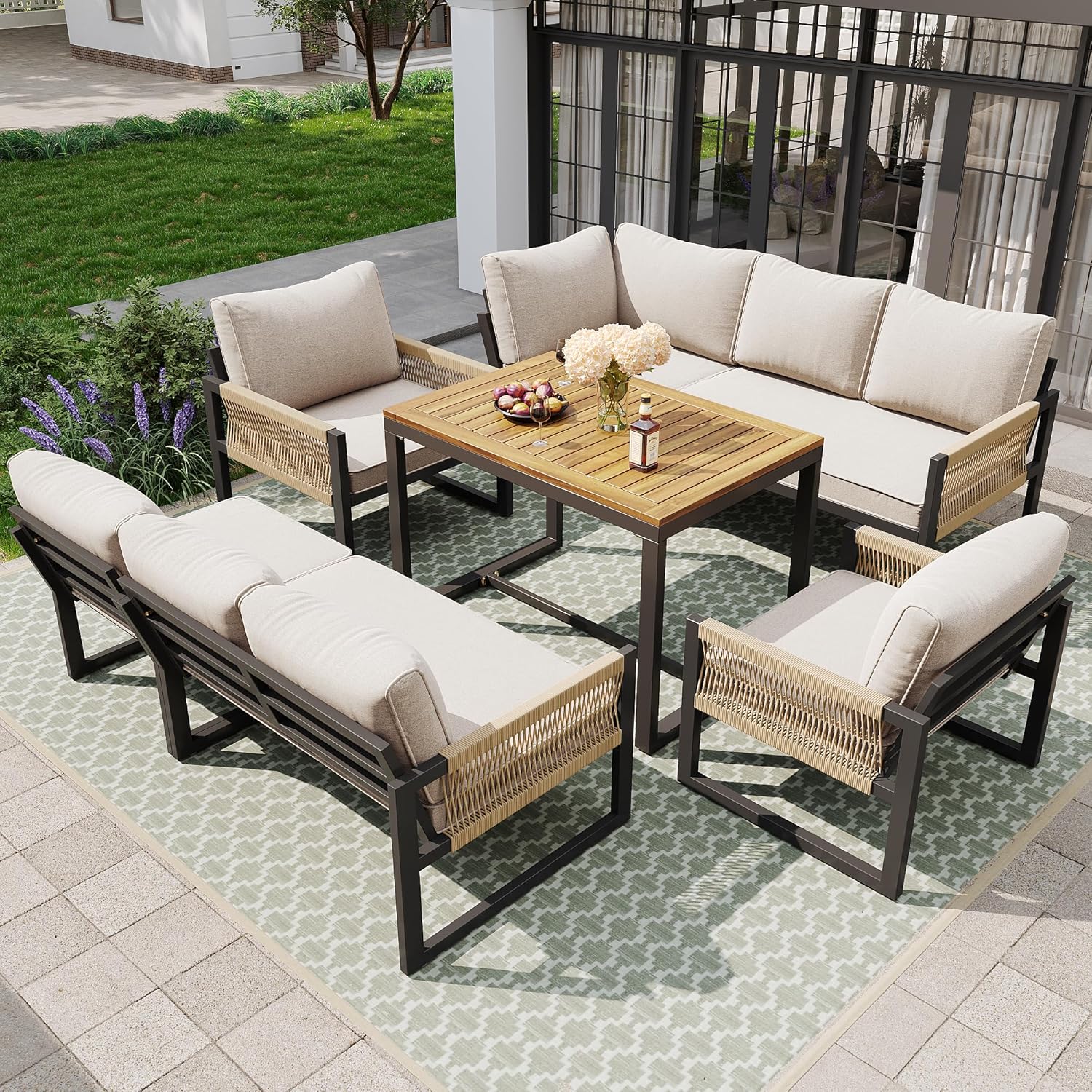 Merax Gartenmöbel Set 7-8 Personen, Lounge Sitzgruppe Outdoor mit Sofatisch & 2 Einzelsofa, Ecksofa-Set aus Metal & Seile, für Garten Balkon Terrasse, inkl. Kissen, wetterfest Gartenlounge Set, Beige — Ansicht 2