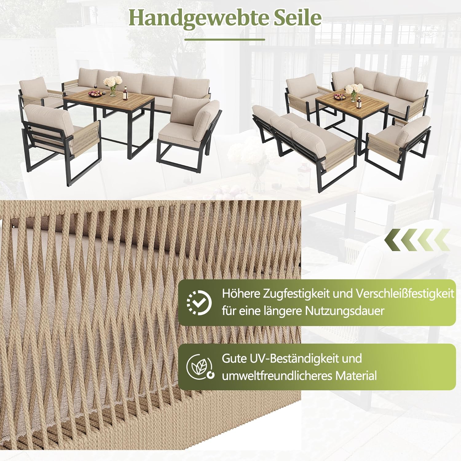 Merax Gartenmöbel Set 7-8 Personen, Lounge Sitzgruppe Outdoor mit Sofatisch & 2 Einzelsofa, Ecksofa-Set aus Metal & Seile, für Garten Balkon Terrasse, inkl. Kissen, wetterfest Gartenlounge Set, Beige — Ansicht 4