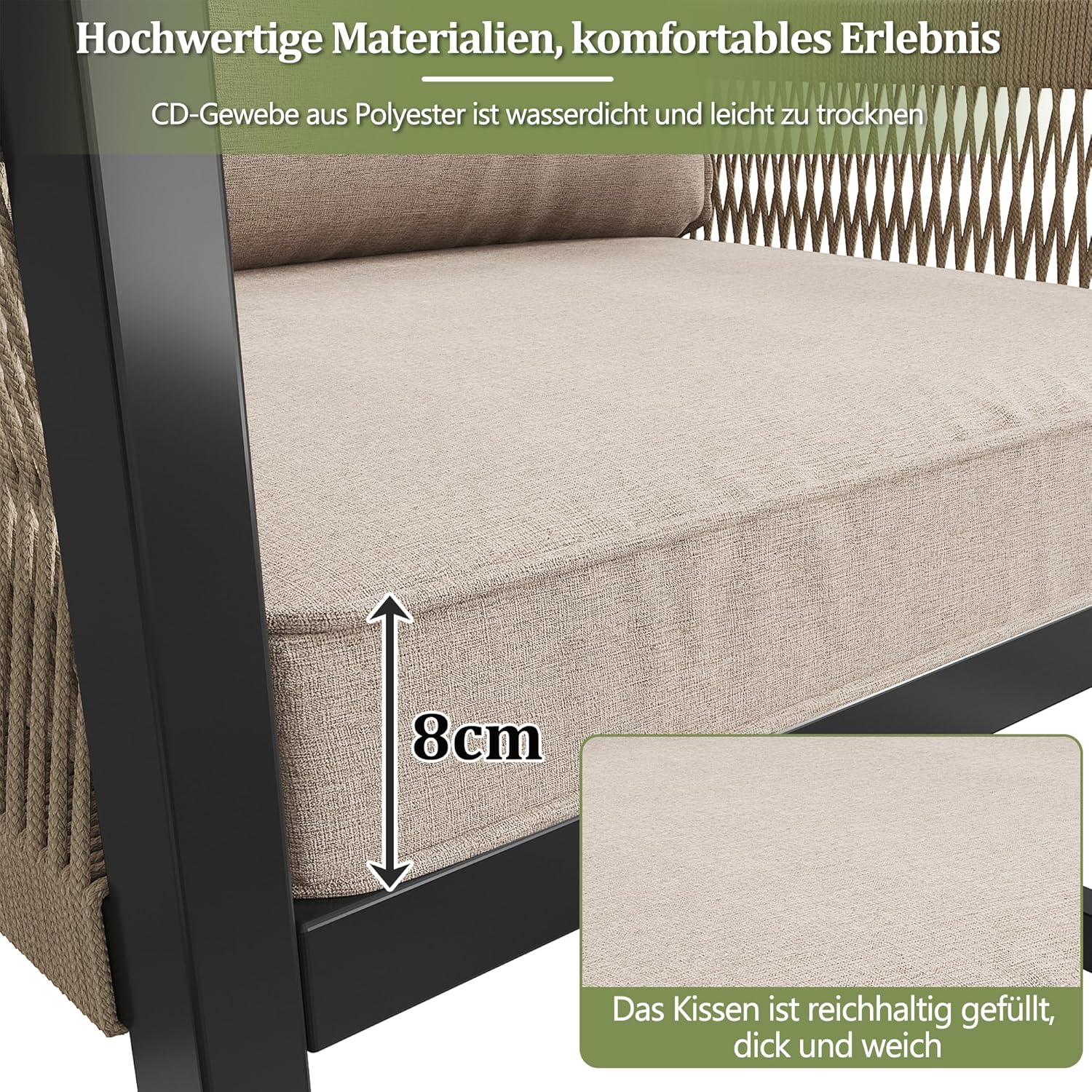 Merax Gartenmöbel Set 7-8 Personen, Lounge Sitzgruppe Outdoor mit Sofatisch & 2 Einzelsofa, Ecksofa-Set aus Metal & Seile, für Garten Balkon Terrasse, inkl. Kissen, wetterfest Gartenlounge Set, Beige — Ansicht 5
