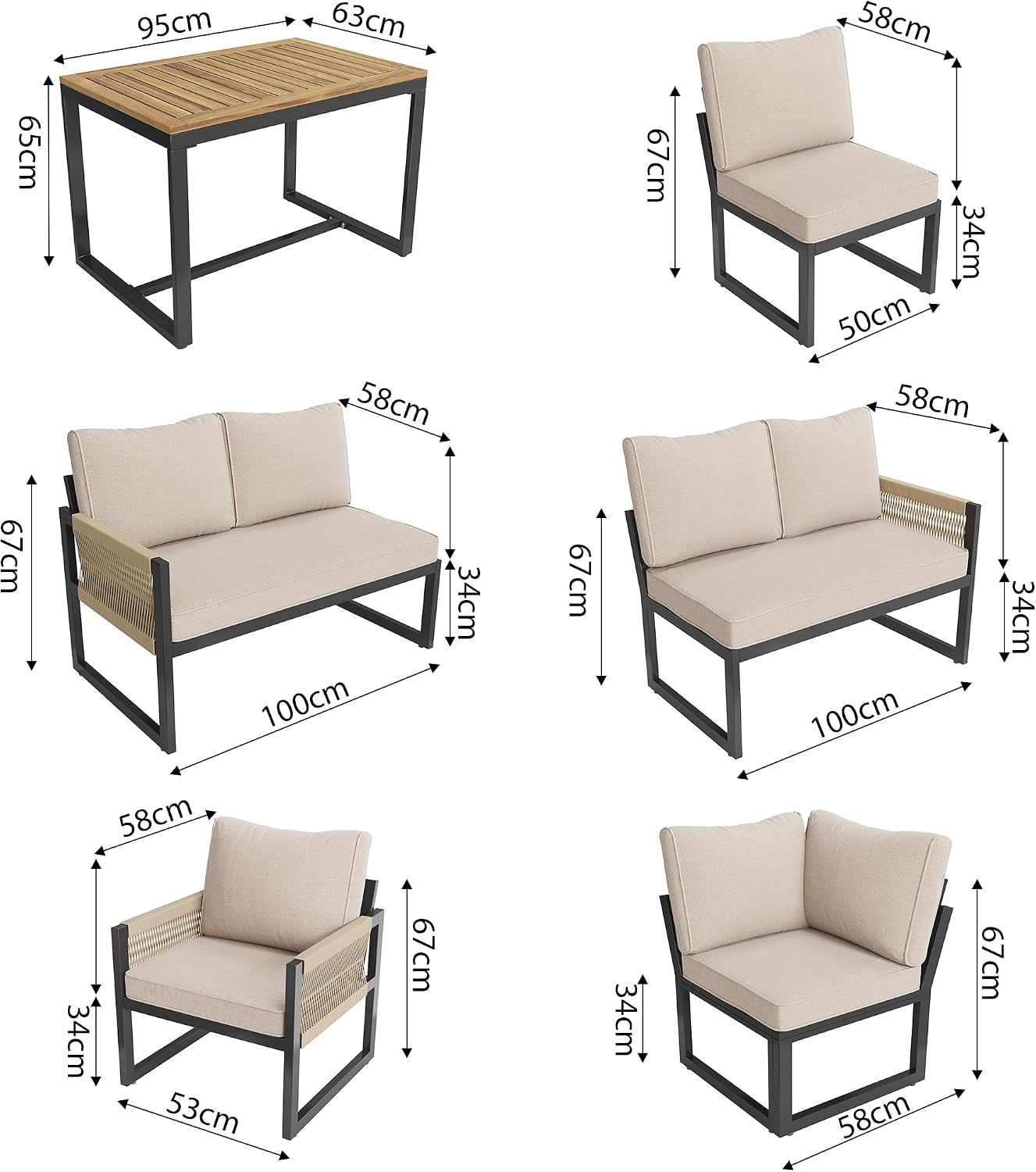 Merax Gartenmöbel Set 7-8 Personen, Lounge Sitzgruppe Outdoor mit Sofatisch & 2 Einzelsofa, Ecksofa-Set aus Metal & Seile, für Garten Balkon Terrasse, inkl. Kissen, wetterfest Gartenlounge Set, Beige — Ansicht 6