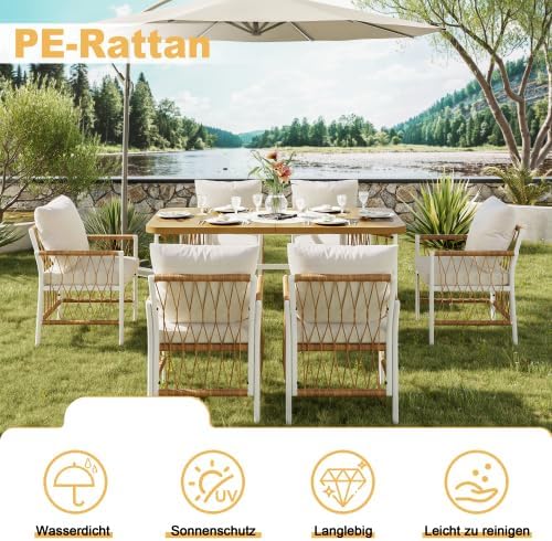 Merax Gartenmöbel Set – 7-teiliges Gartentisch mit Stühlen Set aus Rattan und Eisengestell, Sitzgruppe Outdoor für Terrasse und Balkon, 1 Tisch und 6 Stühle in Beige und Braun — Ansicht 4