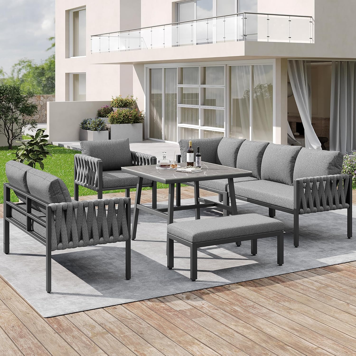 Merax Gartenmöbel Set 8-9 Personen, Sitzgruppe Gartenlounge Set mit Kissen & Tisch, Outdoor Ecksofa-Set aus verzinktem Eisen, handgeflochten dickem Seil, Essgruppe für Garten Balkon Terrasse, Grau — Ansicht 2