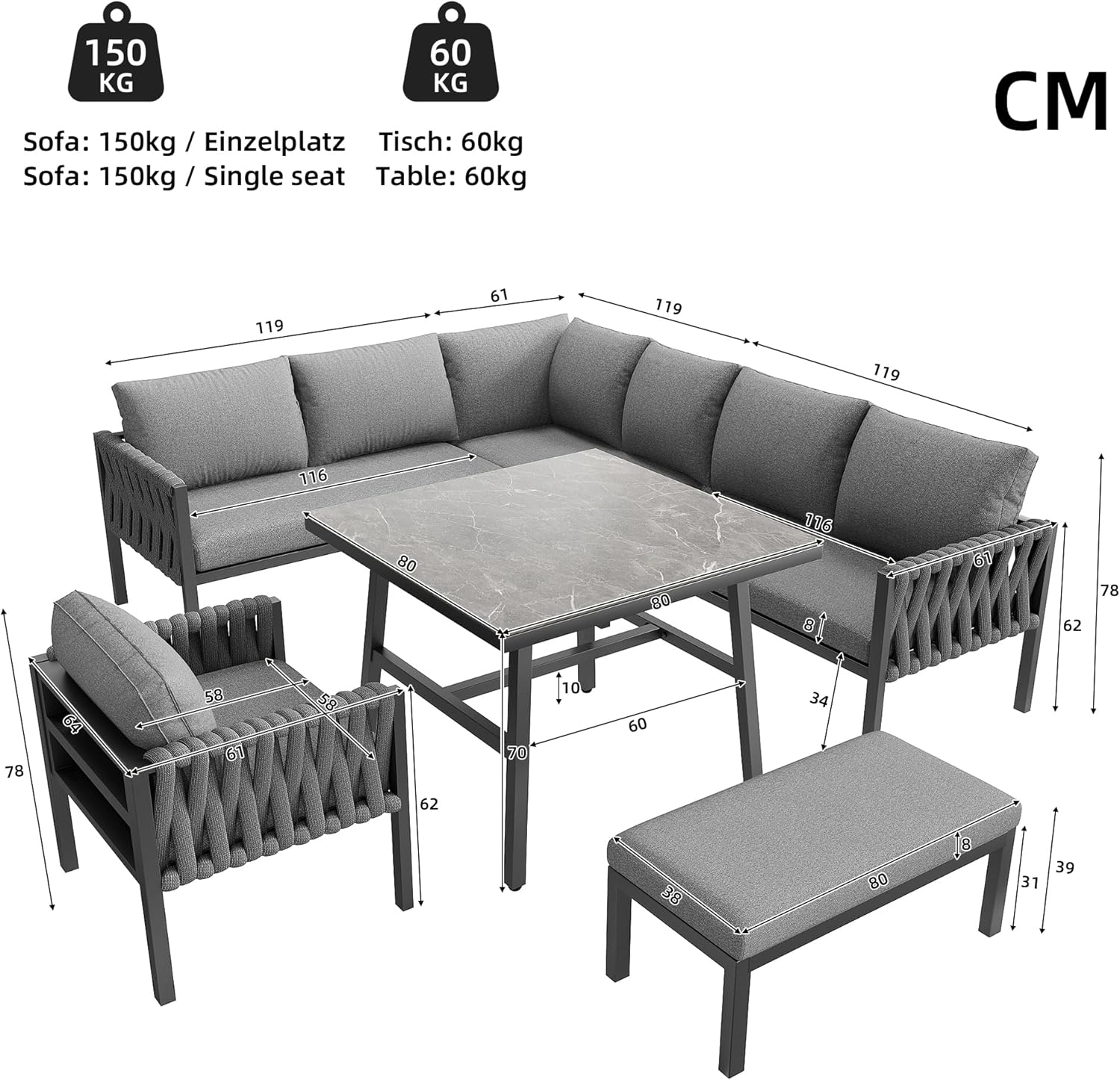 Merax Gartenmöbel Set 8-9 Personen, Sitzgruppe Gartenlounge Set mit Kissen & Tisch, Outdoor Ecksofa-Set aus verzinktem Eisen, handgeflochten dickem Seil, Essgruppe für Garten Balkon Terrasse, Grau — Ansicht 5