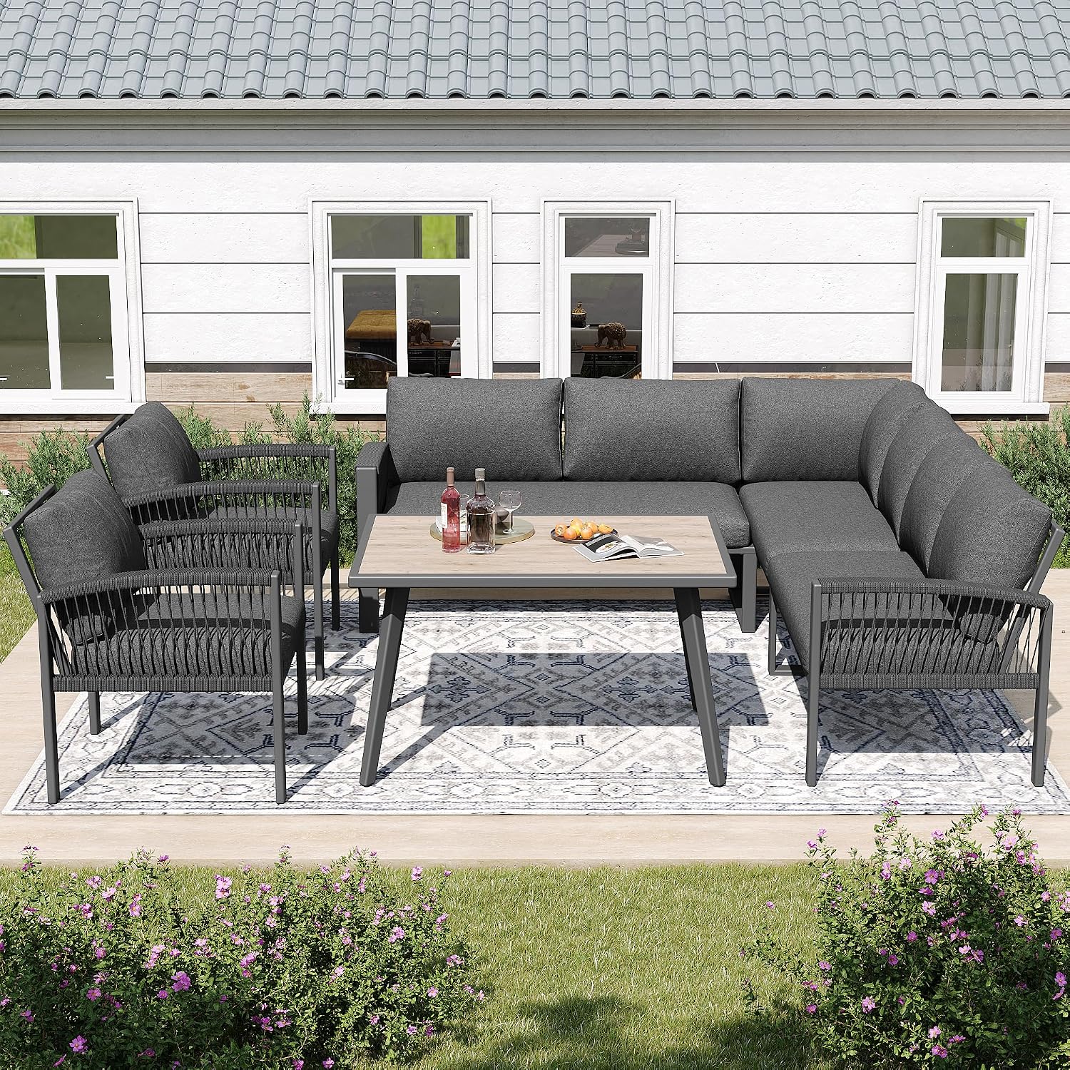 Merax Gartenmöbel Set 8-Personen, Sitzgruppe Gartenlounge Set mit Tisch & Kissen, Outdoor Ecksofa-Set aus verzinktem Eisen, handgeflochten Seil, Essgruppe wetterfest für Garten Balkon Terrasse, Grau — Ansicht 3