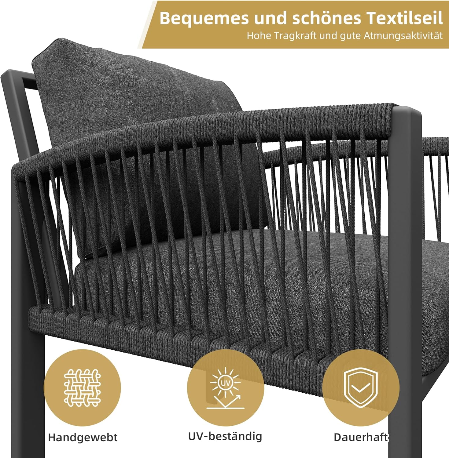 Merax Gartenmöbel Set 8-Personen, Sitzgruppe Gartenlounge Set mit Tisch & Kissen, Outdoor Ecksofa-Set aus verzinktem Eisen, handgeflochten Seil, Essgruppe wetterfest für Garten Balkon Terrasse, Grau — Ansicht 5