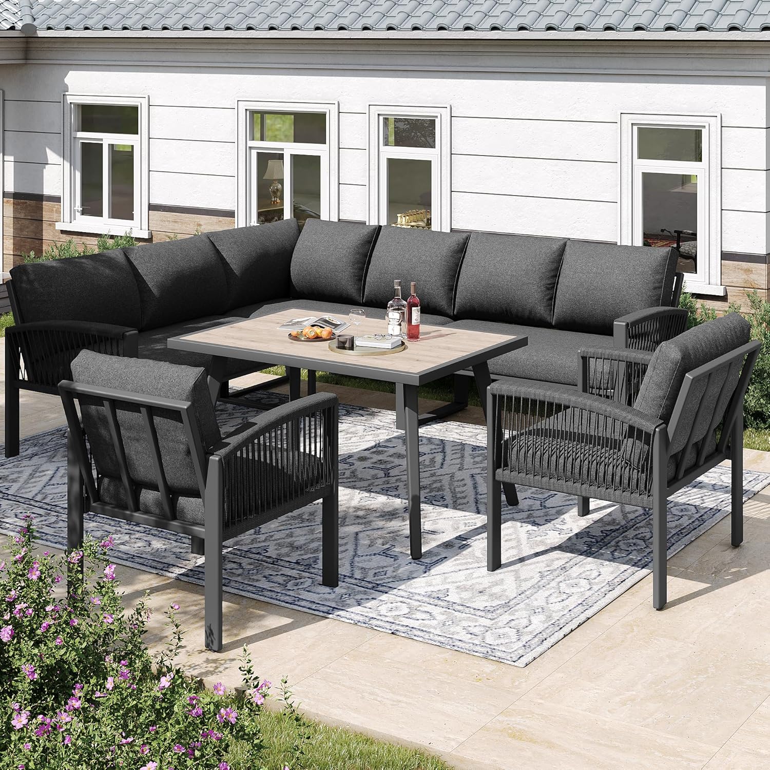 Merax Gartenmöbel Set 8-Personen, Sitzgruppe Gartenlounge Set mit Tisch & Kissen, Outdoor Ecksofa-Set aus verzinktem Eisen, handgeflochten Seil, Essgruppe wetterfest für Garten Balkon Terrasse, Grau
