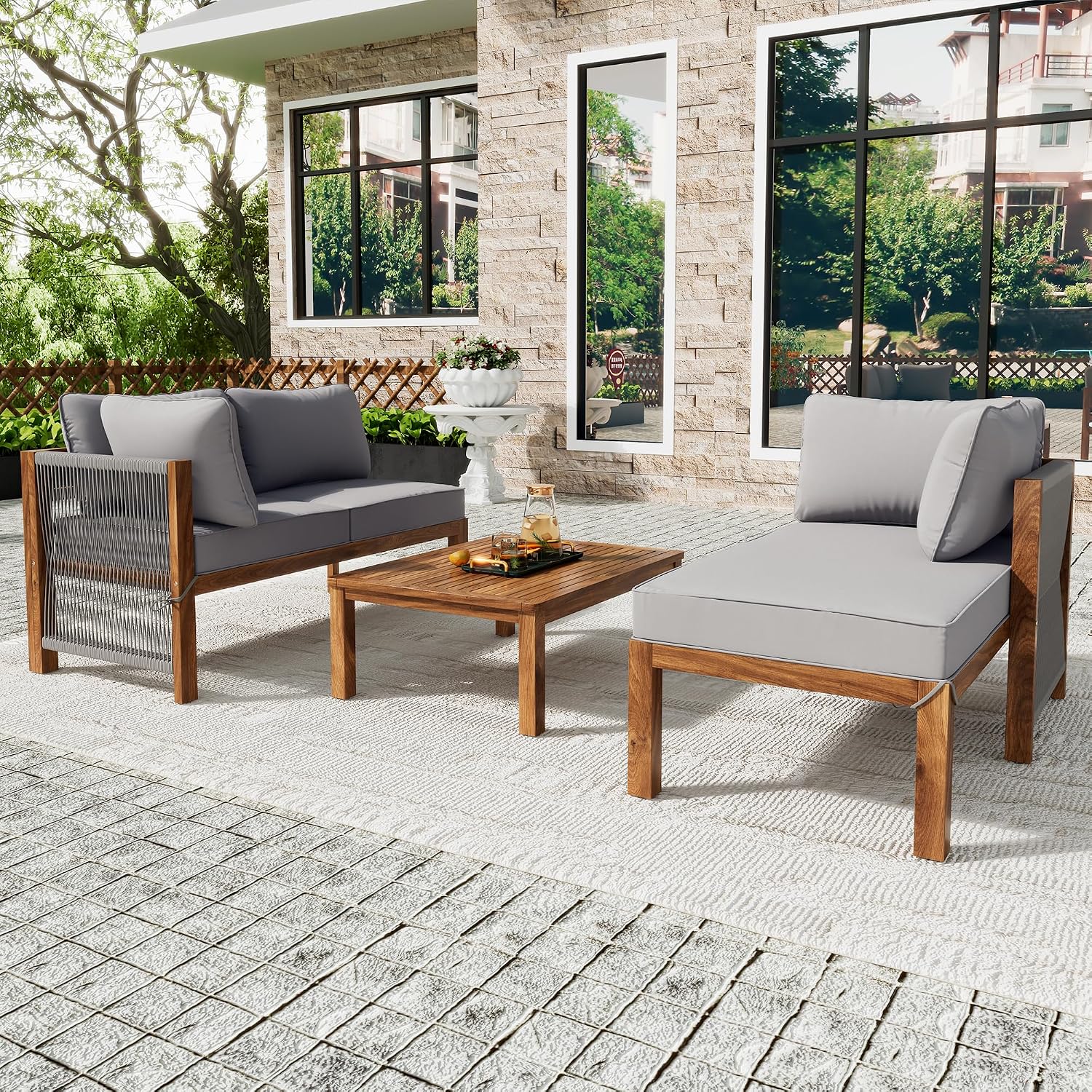 Merax Gartenmöbel Set für 3-4 Personen, Balkonmöbel Lounge Sitzgruppe mit Tisch & Kissen, L-förmiges Terrassenmöbel, Ecksofa-Set aus Akazienholz, Handgewebtem Seil, Gartenlounge Set, Outdoor, Grau — Ansicht 3