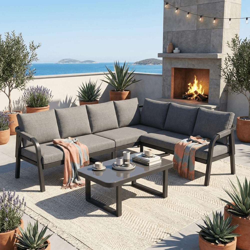 Merax Gartenmöbel-Set für 6 Personen, Ecksofa mi