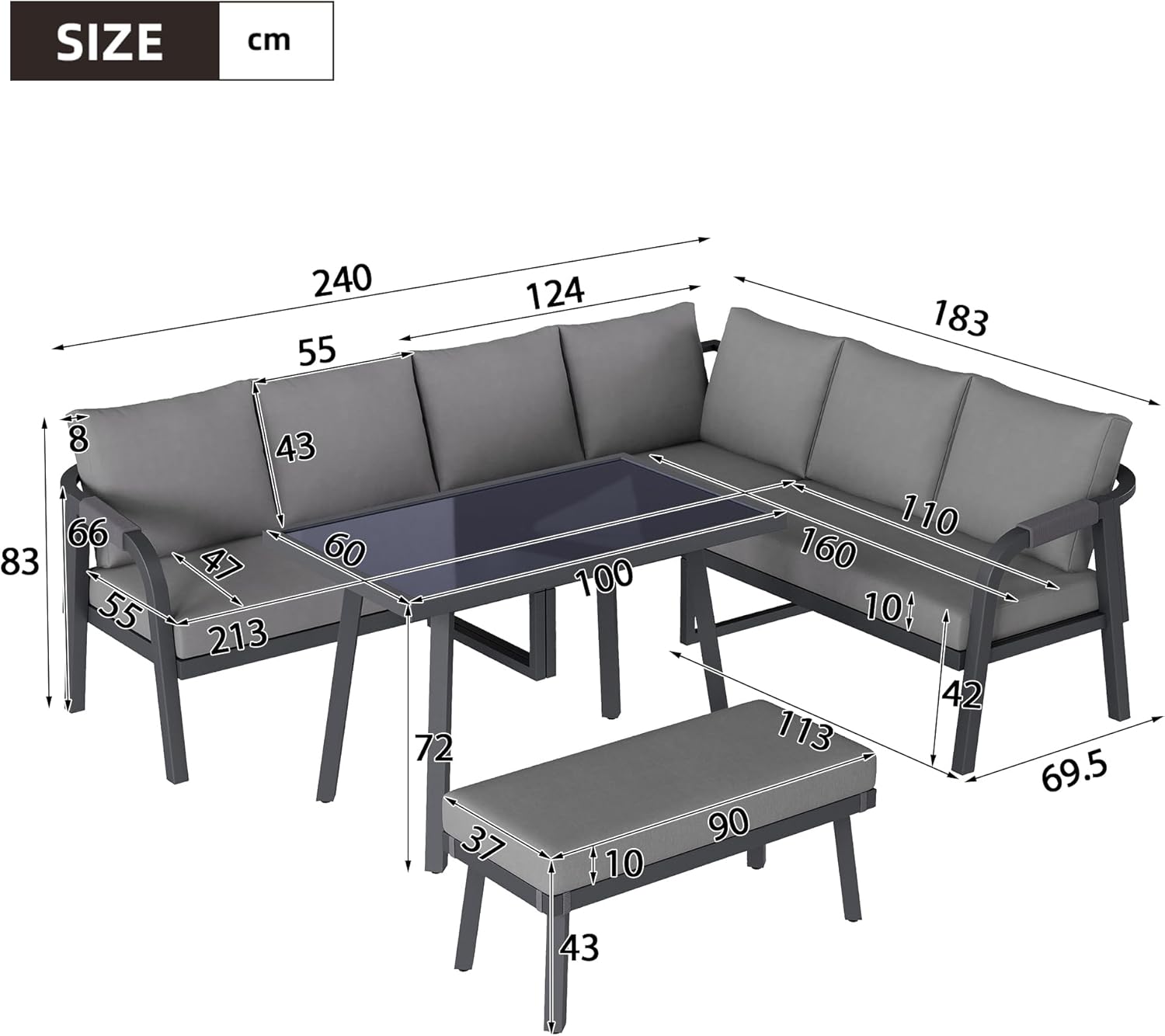 Merax Gartenmöbel Set für 8 Personen, Gartenlounge Ecksofa mit Esstisch & Bank, Outdoor Sitzgruppe mit Glasplatte, geflochtene Arm- & Rückenlehnen, verzinkter Stahlrahmen, Grau — Ansicht 6