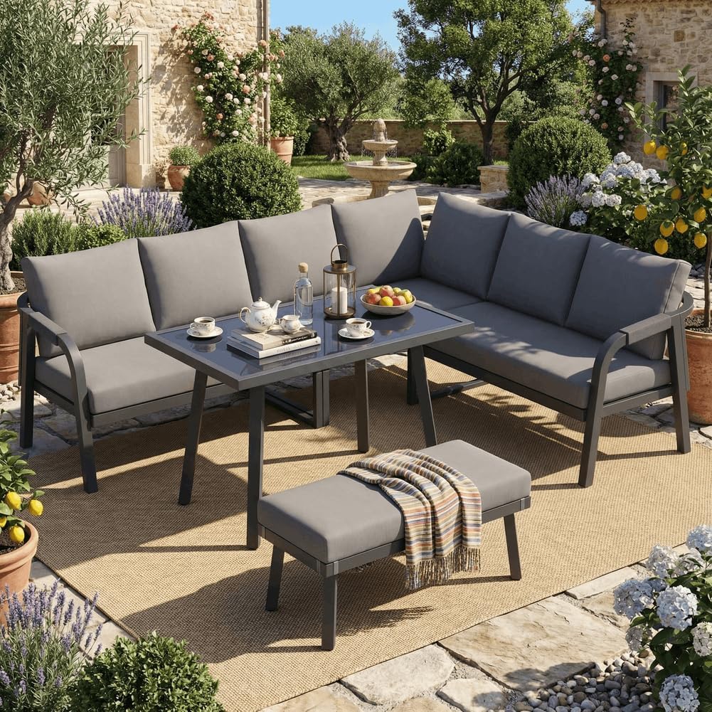 Merax Gartenmöbel Set für 8 Personen, Gartenlounge Ecksofa mit Esstisch & Bank, Outdoor Sitzgruppe mit Glasplatte, geflochtene Arm- & Rückenlehnen, verzinkter Stahlrahmen, Grau